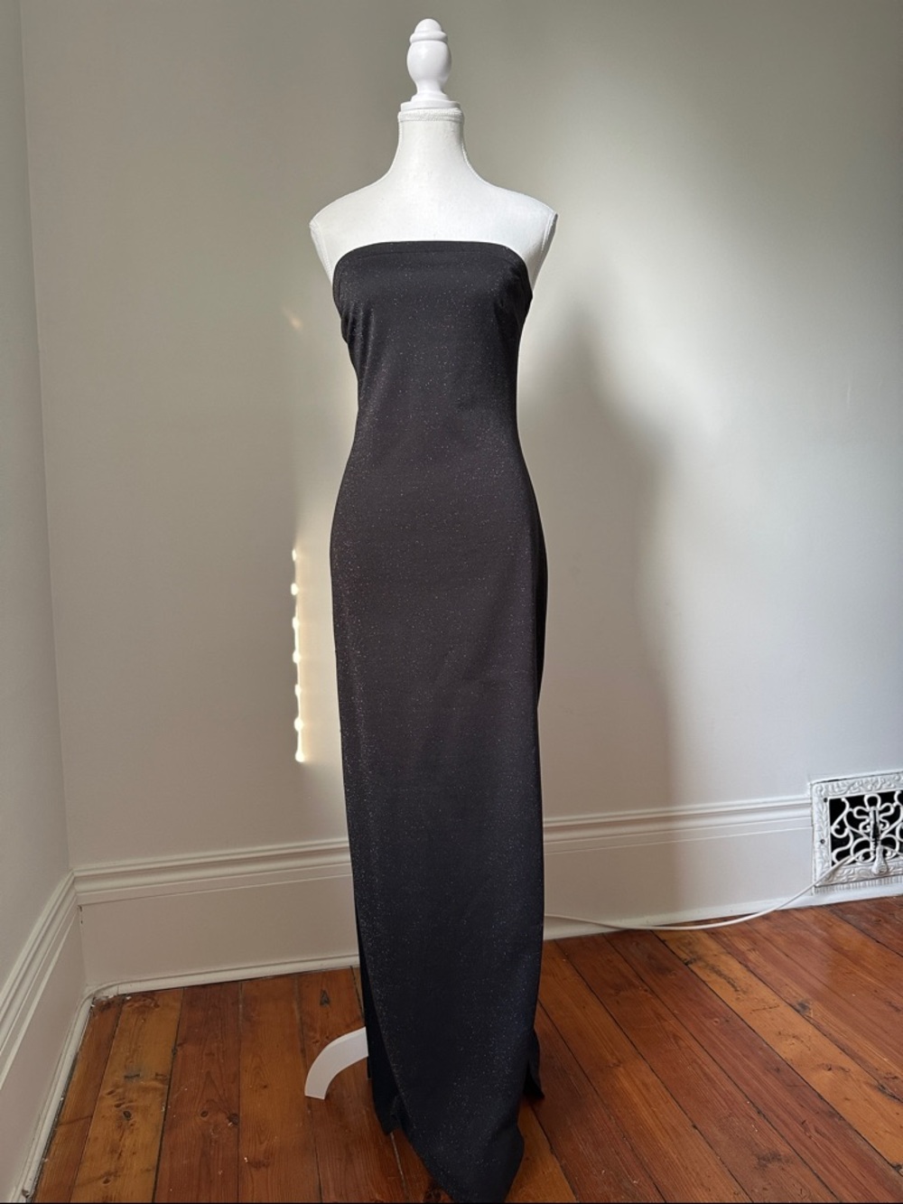 FAIRWEATHER Vintage Black Sparkly Whimsy Strapless Formal Slit Maxi Dress Size 8